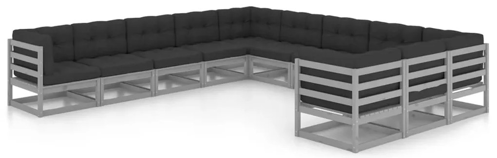 11 pcs conj. lounge jardim c/ almofadões pinho maciço cinzento
