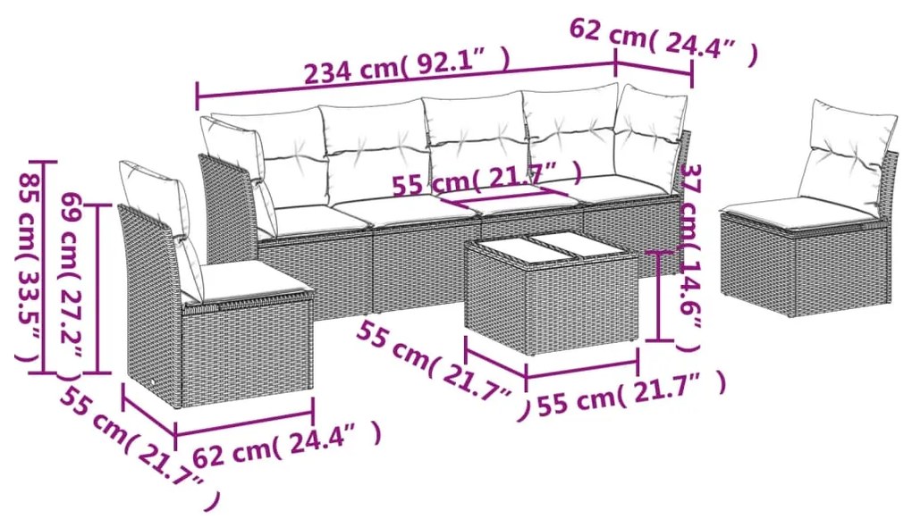 7 pcs conj. sofás jardim com almofadões vime PE cinzento-claro