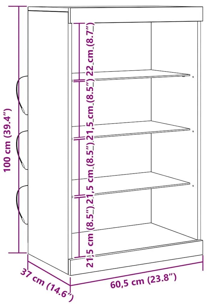 Sideboard vidaXL com Luzes LED Carvalho Artesanal 60,5x37x100 cm