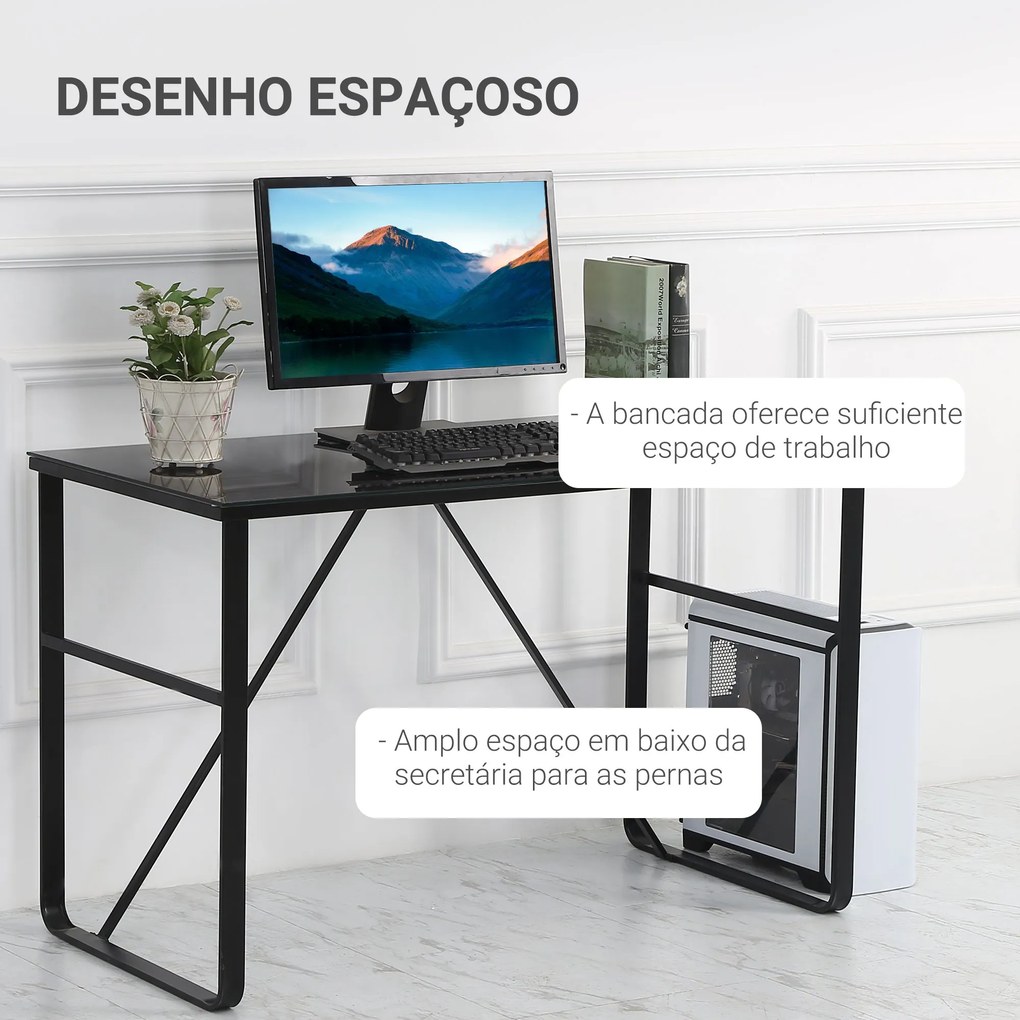 Secretária com Bancada de Vidro Temperado Carga Máxima 80kg Estilo Moderno para Escritório Estúdio Dormitório 120x60x74,5cm Preto