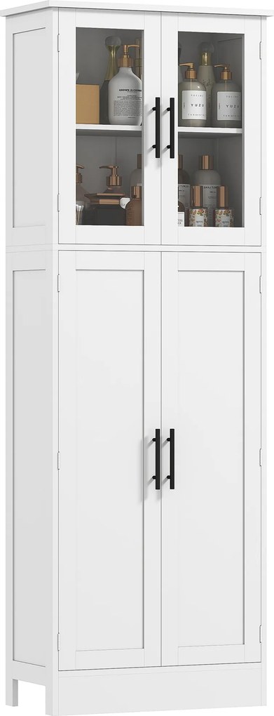 Armário de casa de banho 60 (L) x 30 (P) x 170 (A) cm de 6 níveis, armário de arrumação com 4 portas, das quais 2 envidraçadas, e prateleiras ajustáve