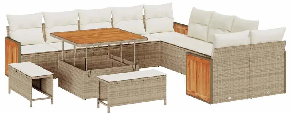 Conjunto de Sofá de Jardim de 13 Peças com Almofadas Bege Vime PE Acác