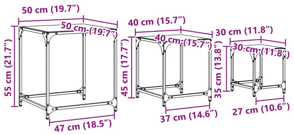 Mesas de centro encastrar 3 pcs c/ tampo vidro transparente aço