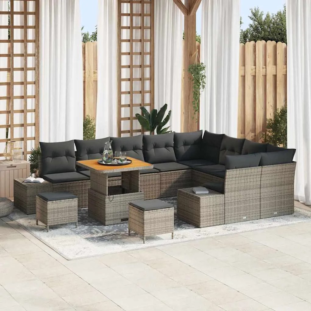 vidaXL Sofá de Jardim 12 Peças com Almofadas Cinzas em Rattan Sintético de Acácia