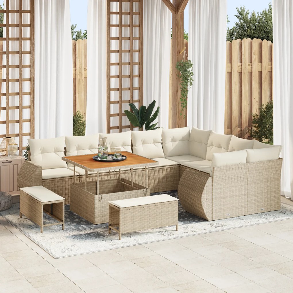 Conjunto de Sofá de Jardim vidaXL 12 Peças com Almofadas Bege Vime PE Acácia