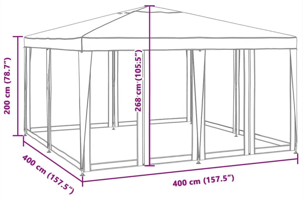 Tenda p/ festas c/ 8 paredes laterais em rede 4x4 m PEAD verde