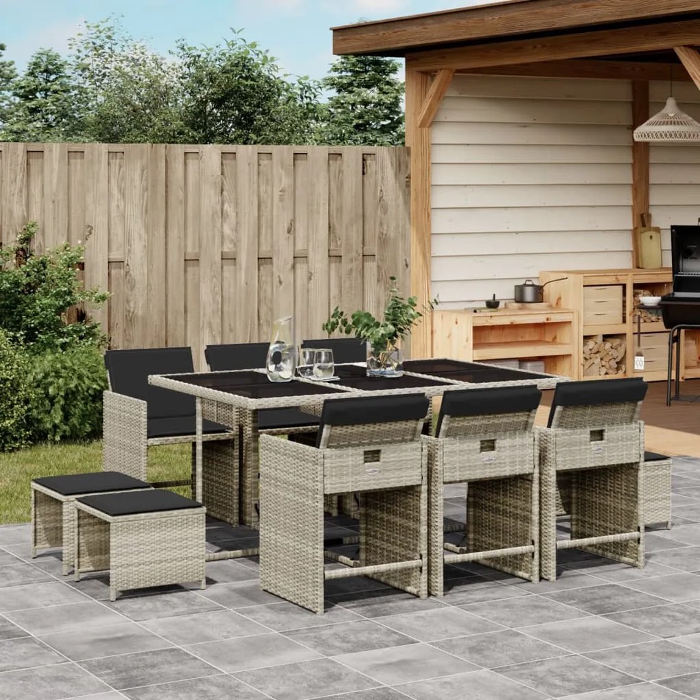 vidaXL 11 pcs conjunto jantar p/ jardim c/ almofadões vime PE cinzento