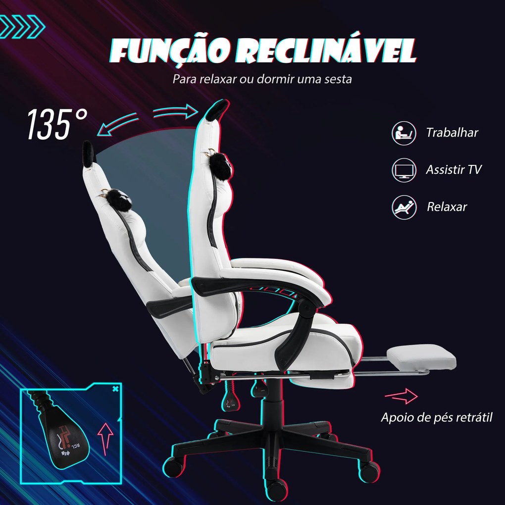 Cadeira Gaming com Orelhas Cadeira Gamer Reclinável com Altura Ajustável e Suporte Lombar 65x62x116-124 cm Branco