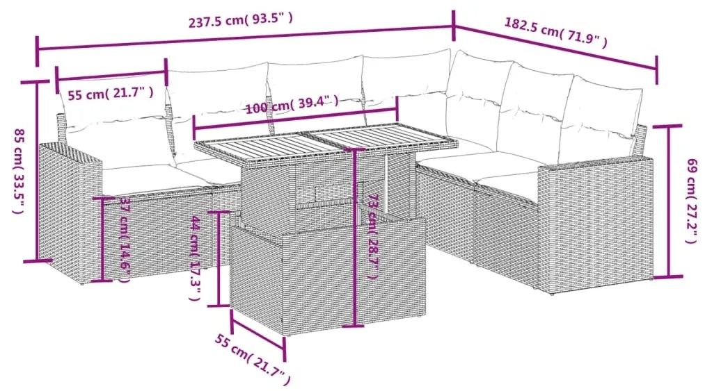 7 pcs conjunto de sofás p/ jardim c/ almofadões vime PE preto