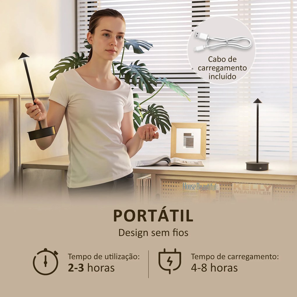 Conjunto de 2 Candeeiros de Mesa Recarregáveis por USB Reguláveis com Controlo Táctil 3000K/4500K/6500K Ø10x30 cm Preto