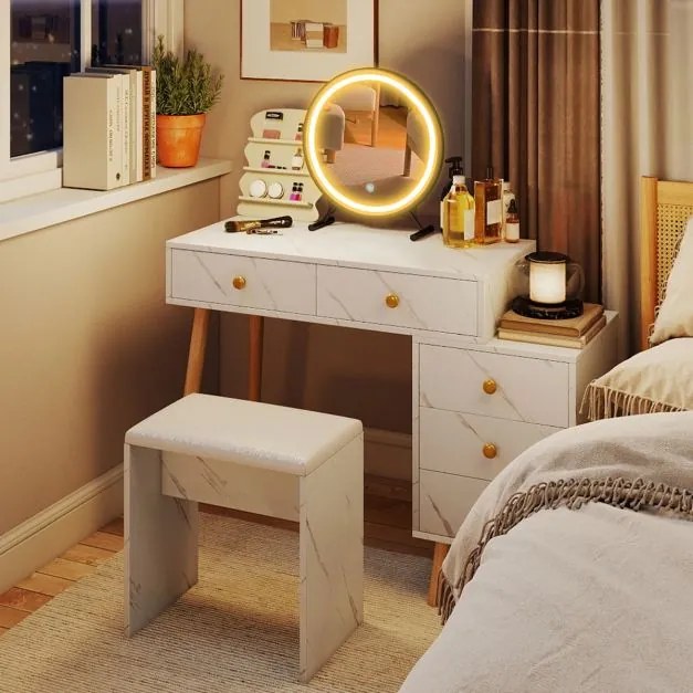 Conjunto de Toucador para maquilhagem com espelho removível, 3 luzes, 5 gavetas e banquinho acolchoado branco