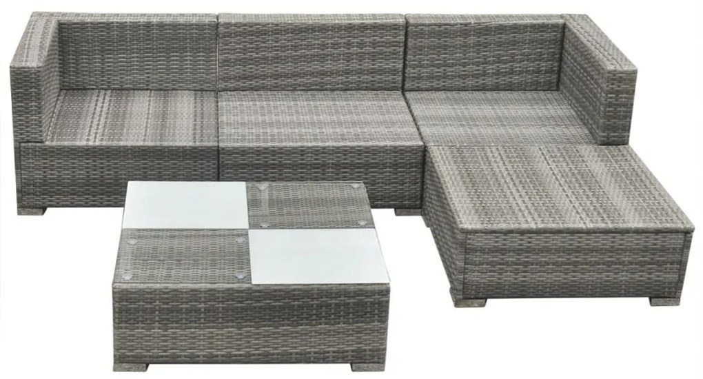 5 pcs conjunto lounge de jardim c/ almofadões vime PE cinzento