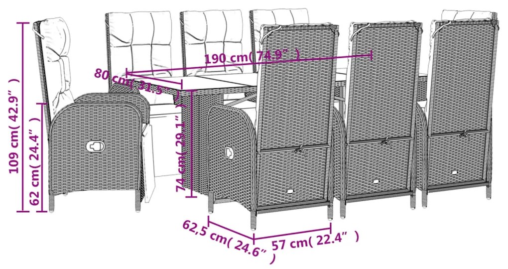 9 pcs conjunto de jantar p/ jardim c/ almofadões vime PE cinza