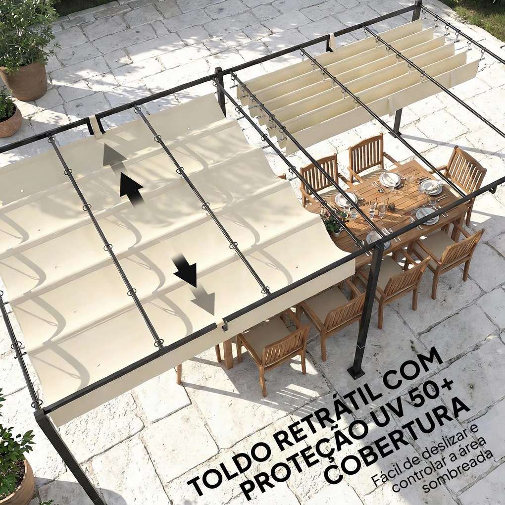 Pérgola de Jardim 6x3 m com Telhado Retrátil Proteção UPF50+ Drenagem Pavilhão de Jardim para Terraço Exterior Creme