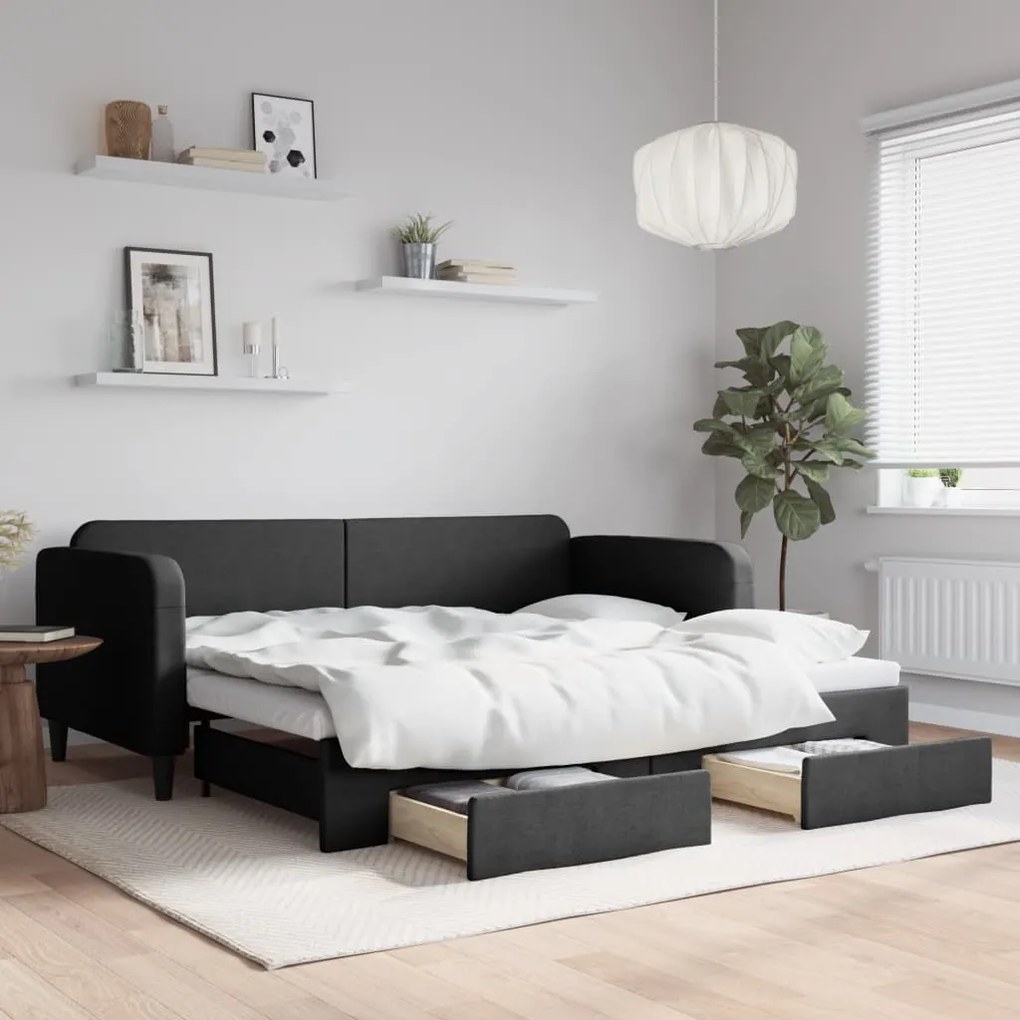 vidaXL Sofá-cama com gavetão e gavetas 90x200 cm tecido preto