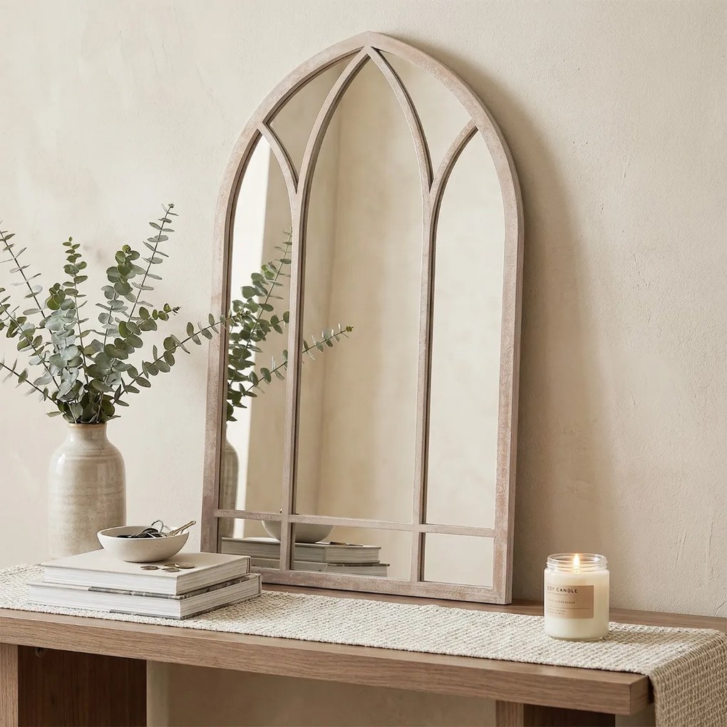 Espelho Painel 83x48cm Janela Estilo Fazenda Arqueado Parede Moldura Metálica Anti-explosão Cinza rústico