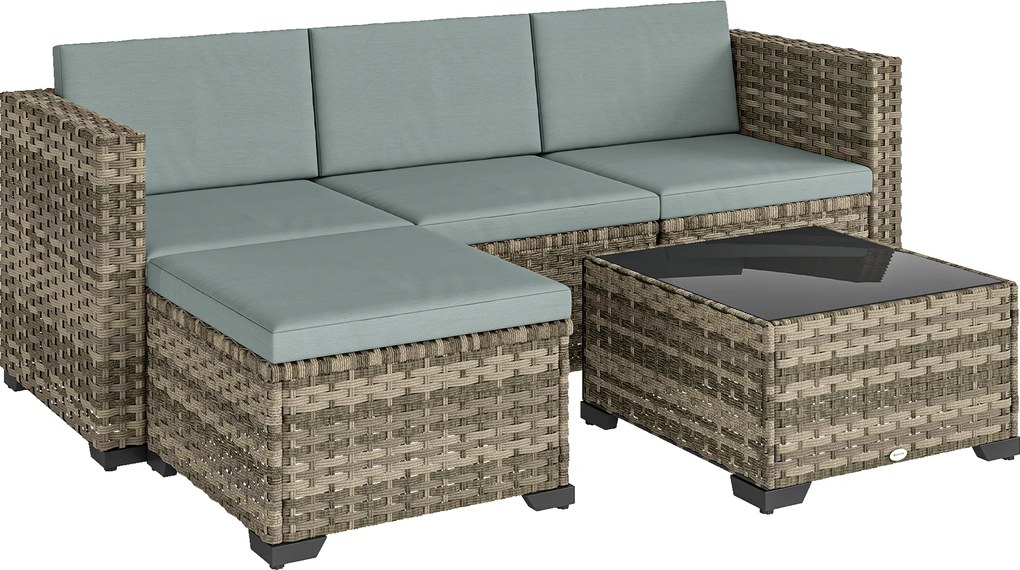 Outsunny Conjunto de Jardim em Vime de 5 Peças Inclui Almofadas 2 Poltronas de Canto Poltrona sem Braços Apoia-Pés e Mesa de Centro Cinza Claro | Aosom Portugal