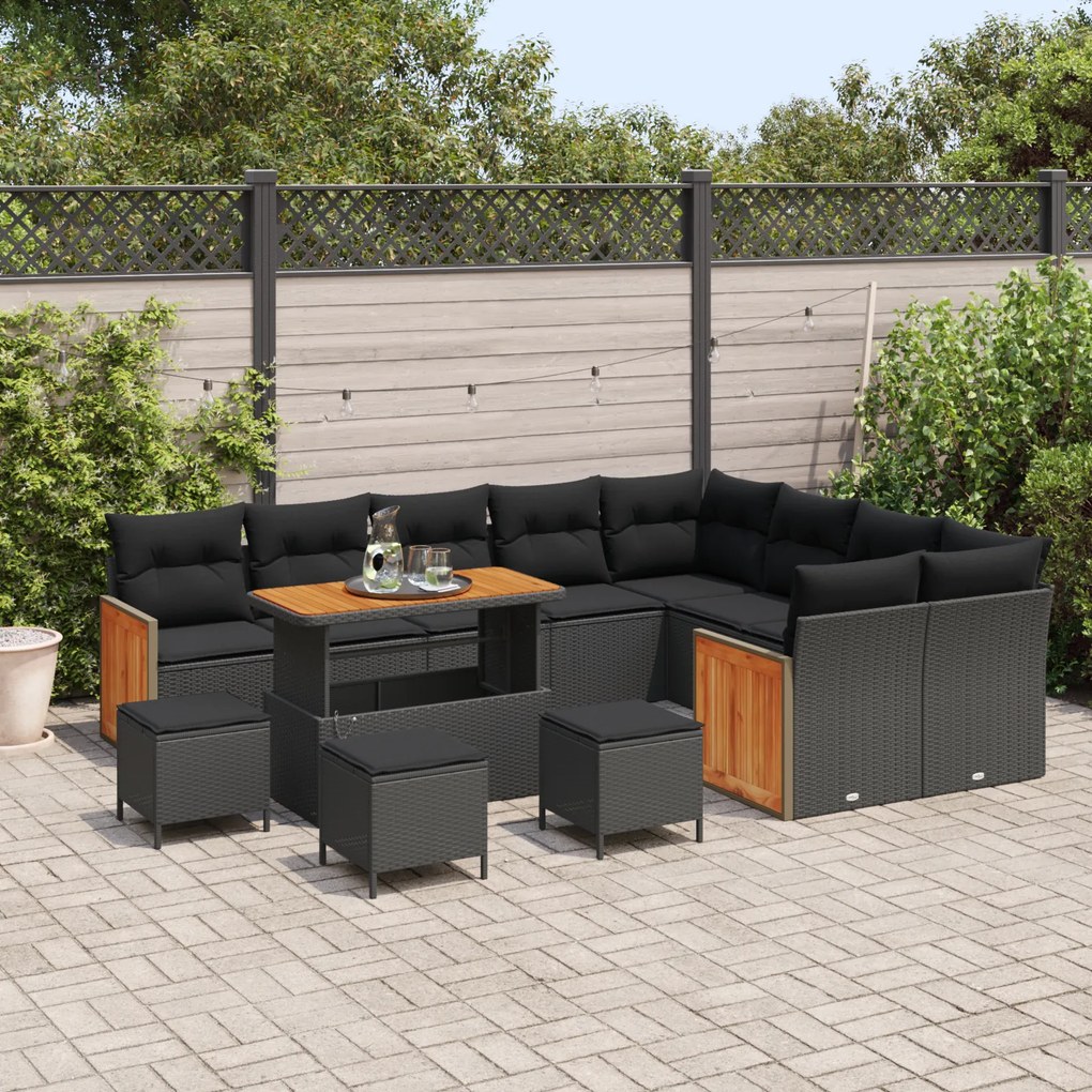 Conjunto de Sofá de Jardim vidaXL de 13 Peças com Almofadas Preto Ratt