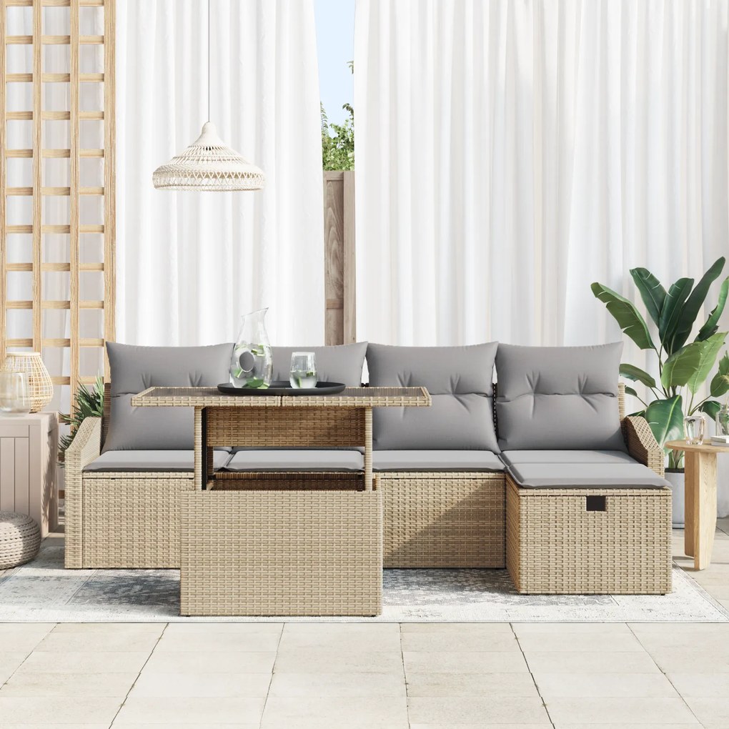 Conjunto de Sofá de Jardim 6 Peças com Almofadas Bege Rattan PE