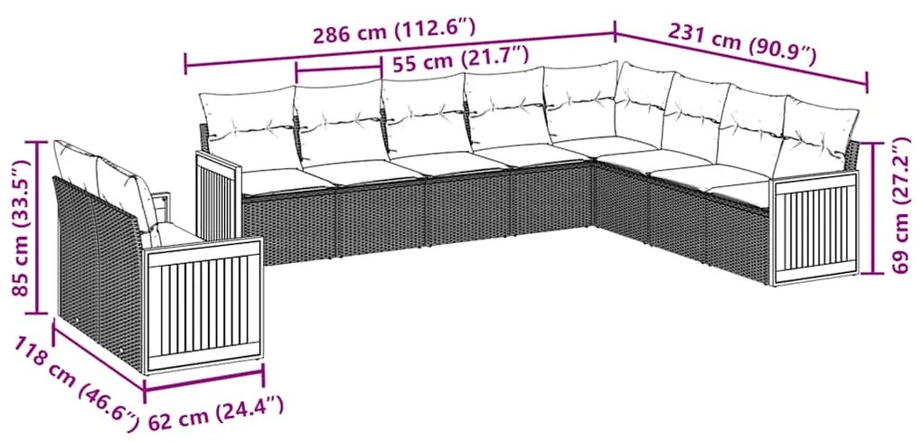 10 pcs conjunto sofás de jardim c/ almofadões vime PE preto