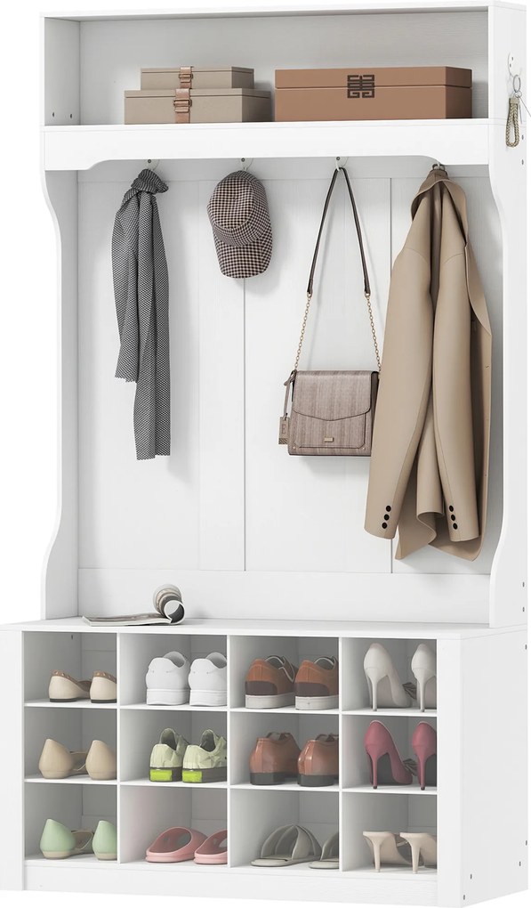 Móvel entrada, Hall 4 em 1 com banco 100 (C) x 35 (P) x 172,2 (A) cm, com 12 compartimentos para sapatos, 6 ganchos e prateleira aberta, branco