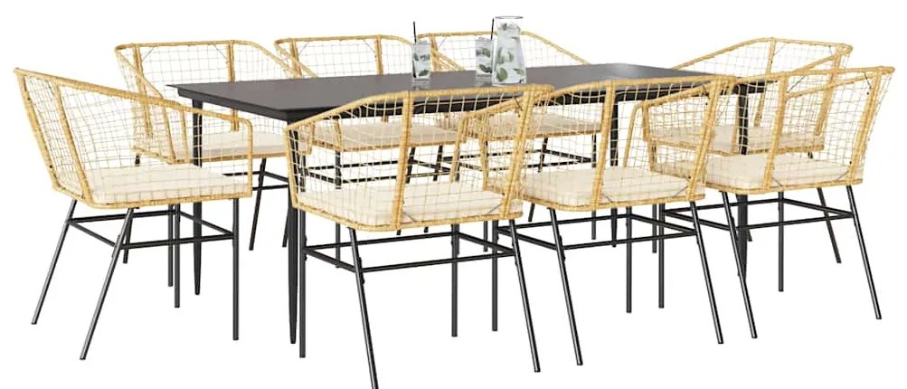 Conjunto jantar jardim 9 peças almofadas vidro vime PE castanho