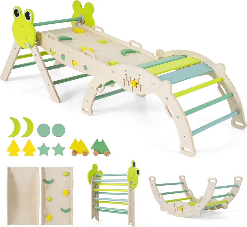 Conjunto triangular 7 em 1 de escalada para crianças pequenas com rampa, escada e arco Conjunto Montessori em madeira Verde