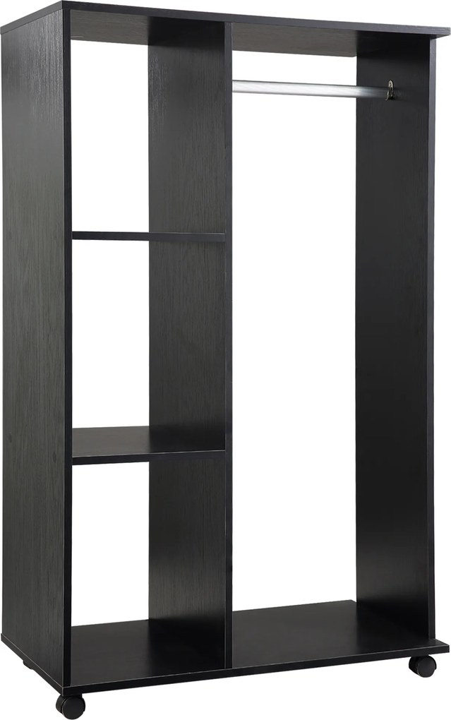 Guarda roupa de Madeira Móvel Armário Roupeiro Aberto com Barra para Pendurar e 3 Prateleiras Organizadoras 80x40x128 cm Preto