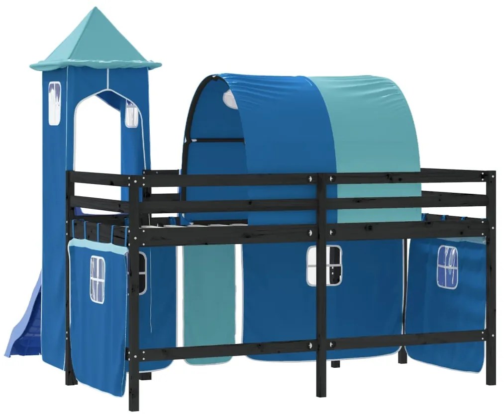 Cama alta para criança com torre 80x200 cm pinho maciço azul