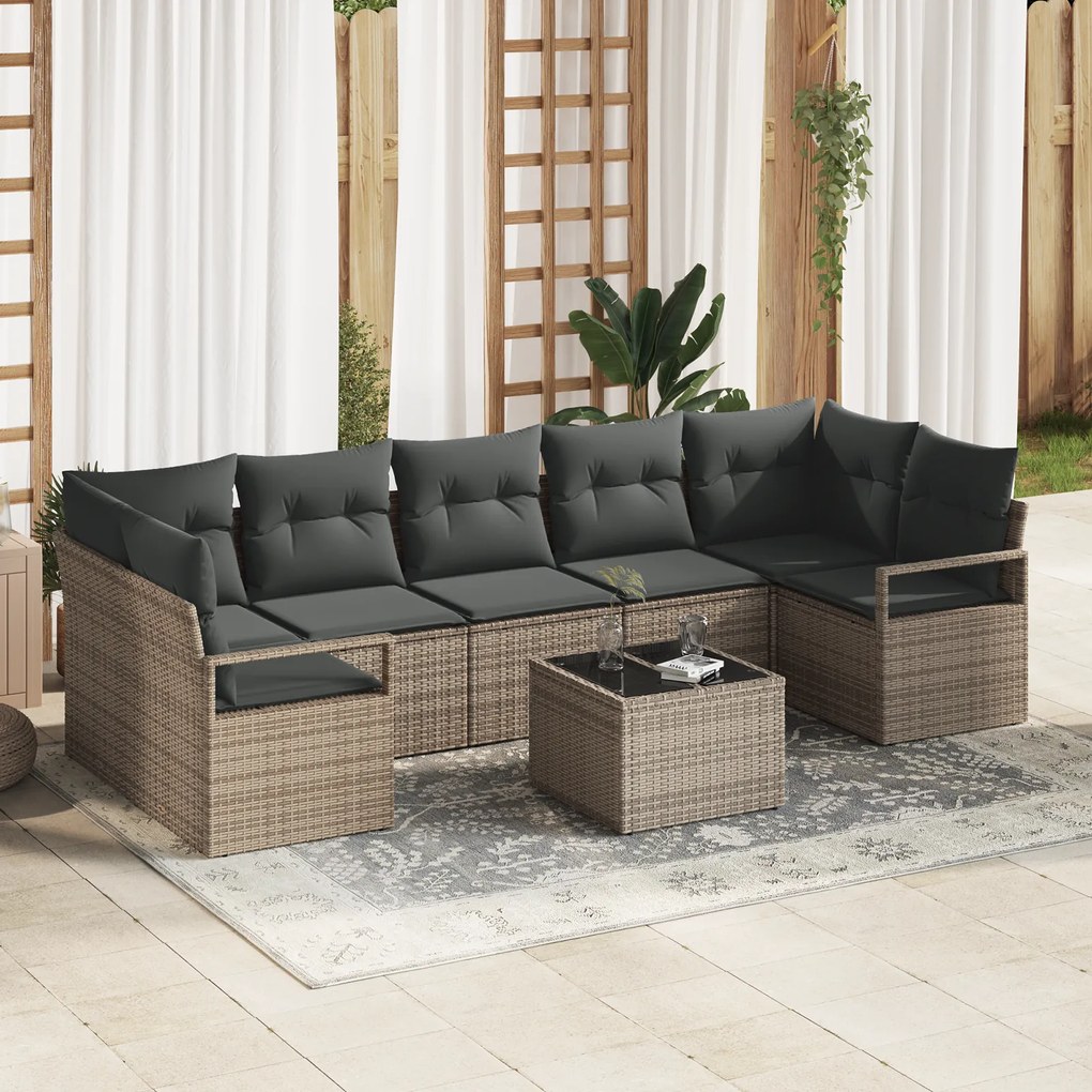Conjunto de Sofá de Jardim de 8 Peças com Almofadas Cinza Polirattan
