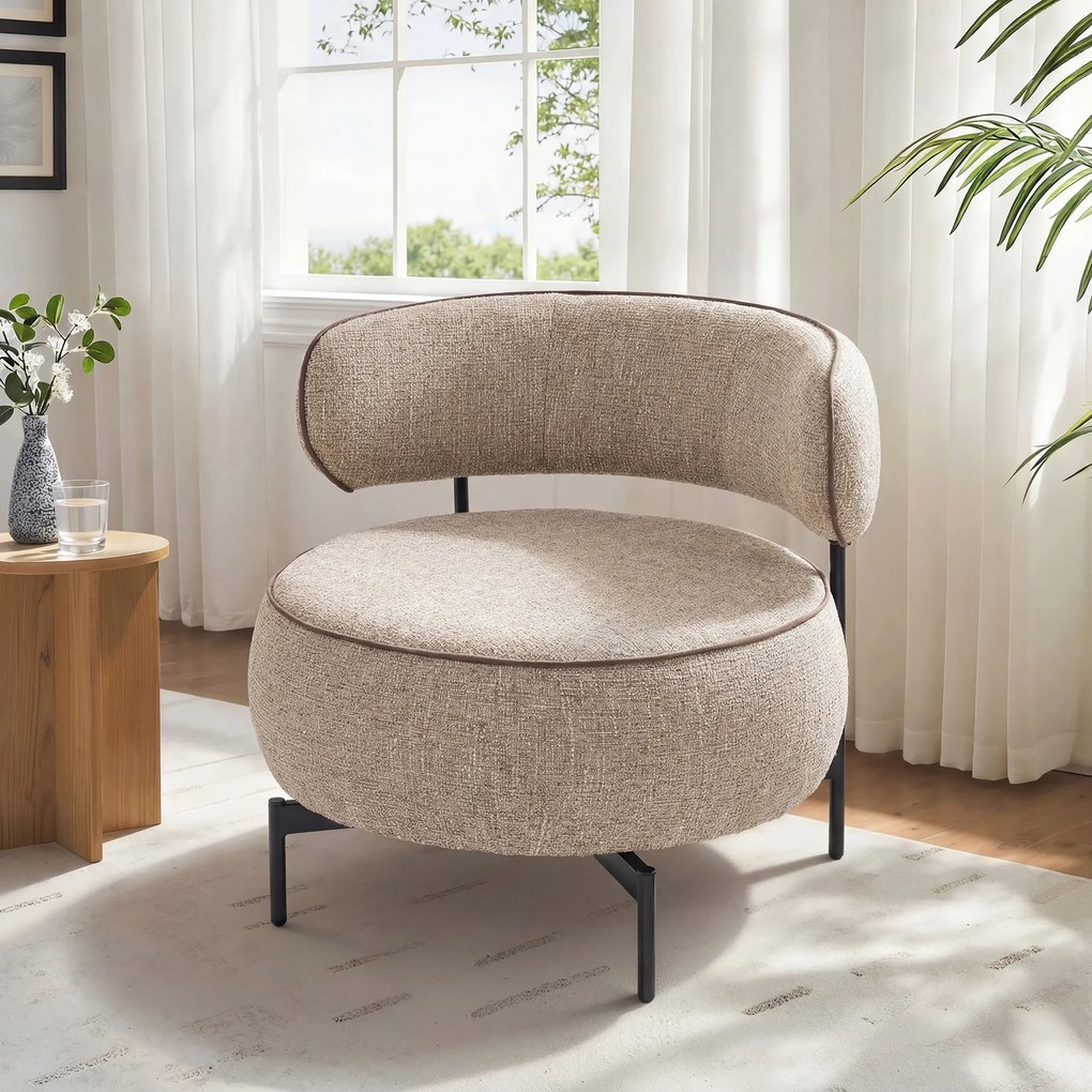 Poltrona de Sala com Assento Rotativo Revestida em Tecido Linho Assento Amplo Acolchoado Espesso Pés de Metal Bege