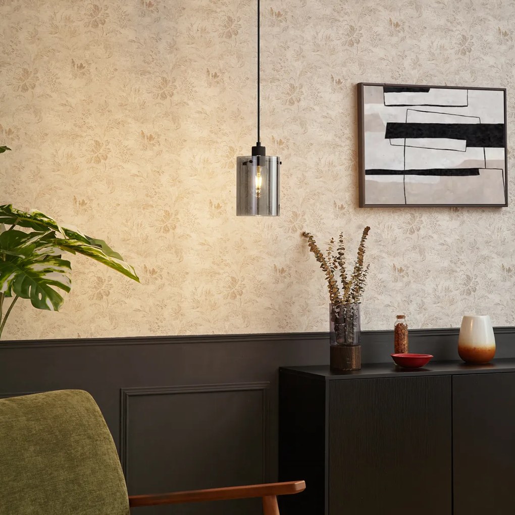 Candeeiro suspenso de design preto com vidro fumado - Domo