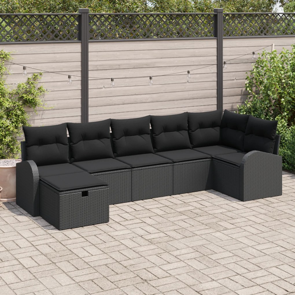 Conjunto de Sofás de Jardim 7 Peças com Almofadas Preto Rattan