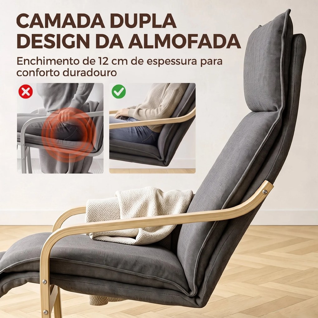 Poltrona de Sala em Tecido Efeito Linho com Apoio para os Pés, Baloiço Suave, Encosto Alto e Assento Largo, Cinzento Escuro