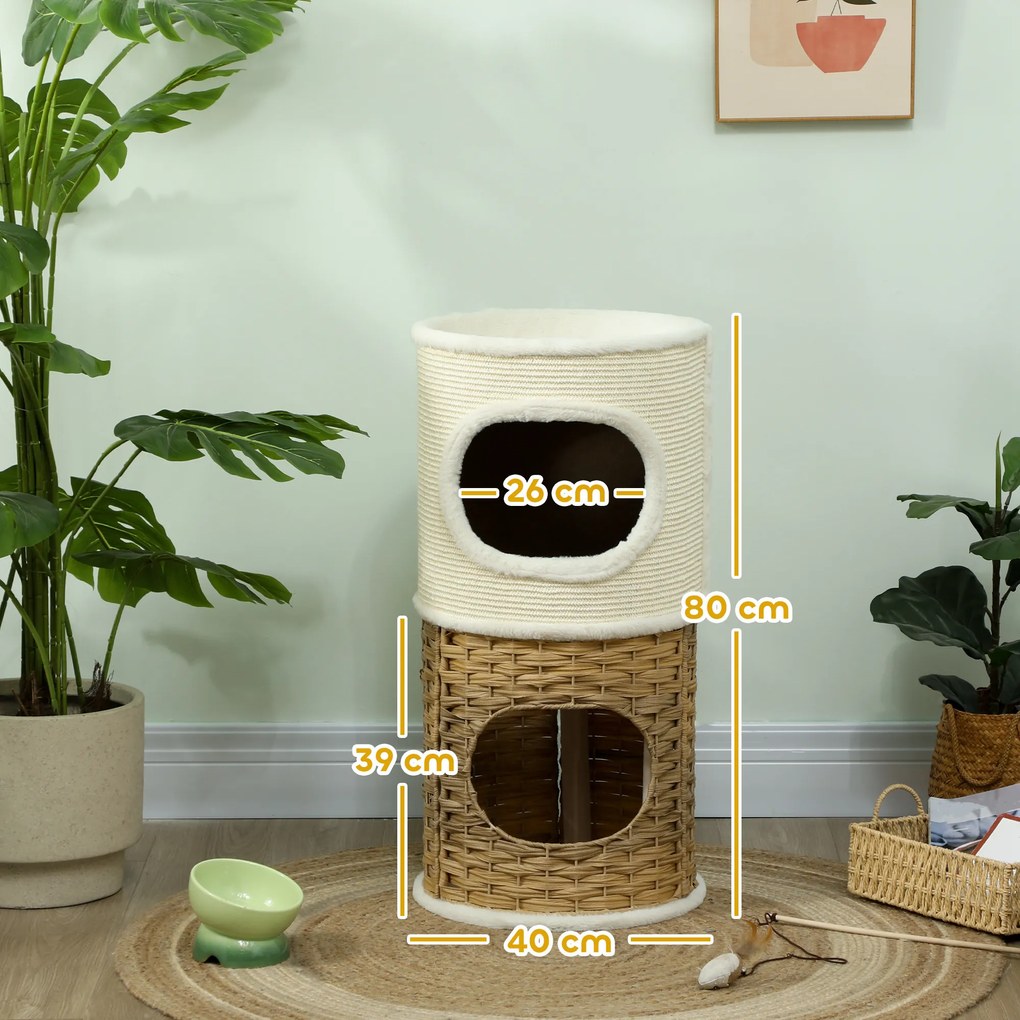 Compartimento aberto para gatos de interior com 3 níveis, torre para gatos com arranhador de sisal Ø 40 x 80 cm, creme