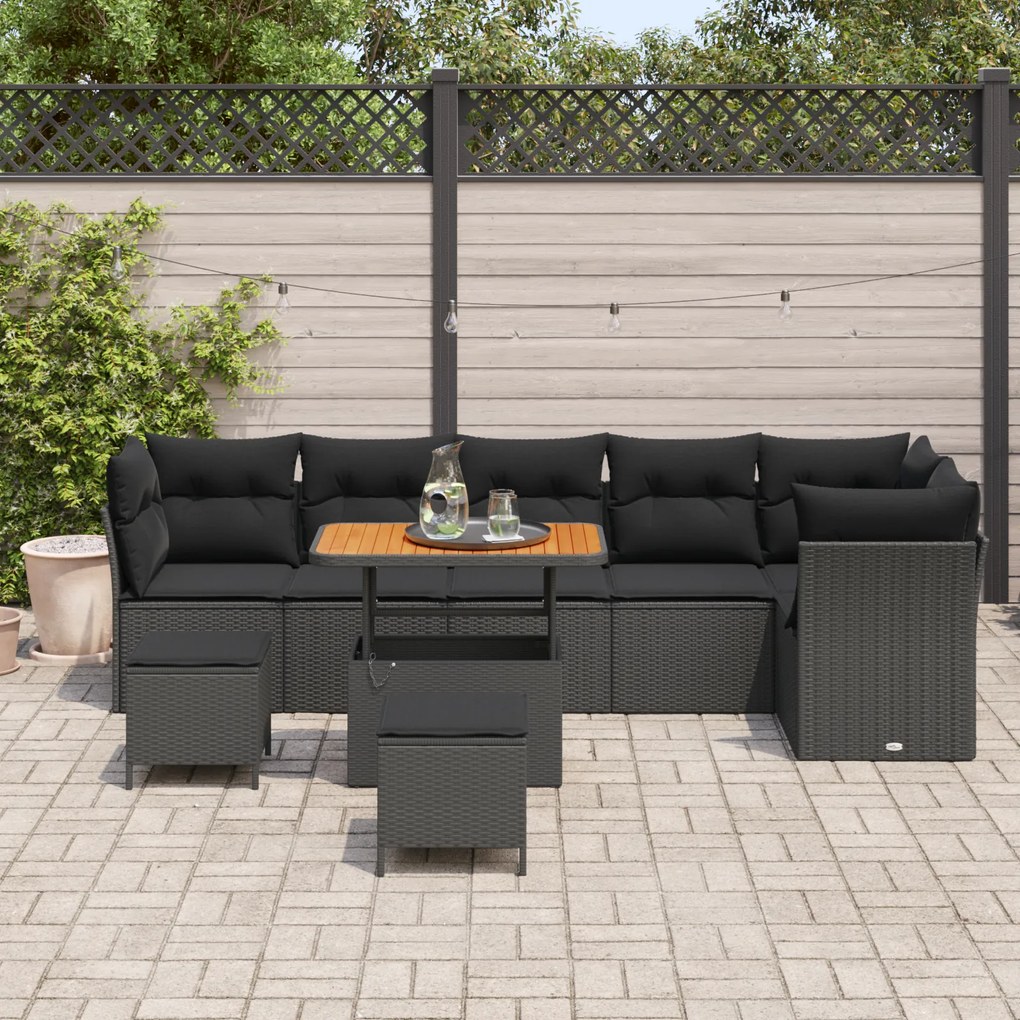 Conjunto de Sofá de Jardim vidaXL 9 Peças com Almofadas Preto Rattan S