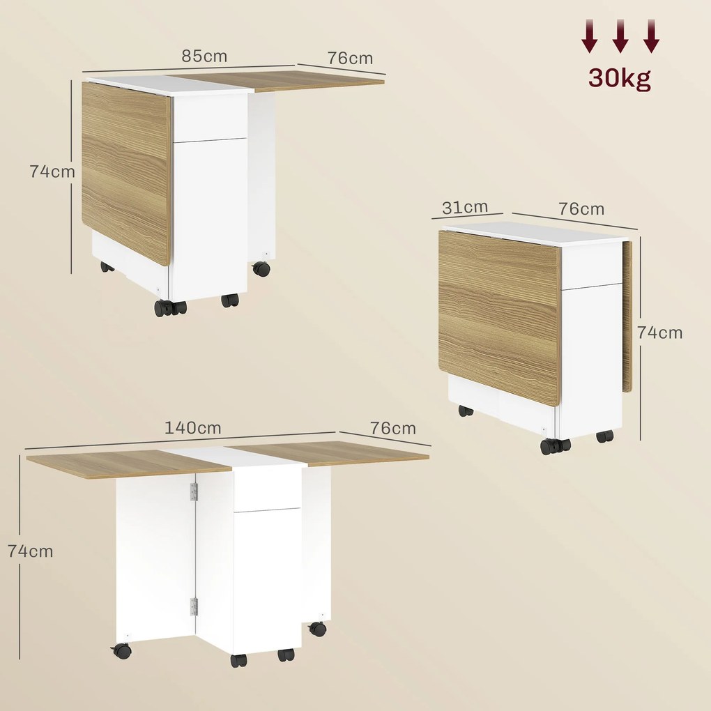 Mesa de jantar dobrável para 6 pessoas 140 x 76 x 74 cm (CADEIRAS NÃO INCLUIDAS), mesa de cozinha com Rodas, 2 gavetas e 2 armários, branca e castanha