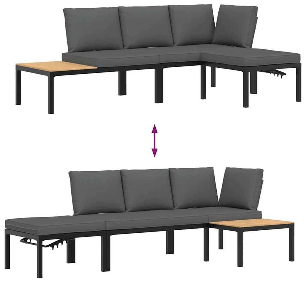 3 pcs conjunto de sofás p/ jardim c/ almofadões alumínio preto