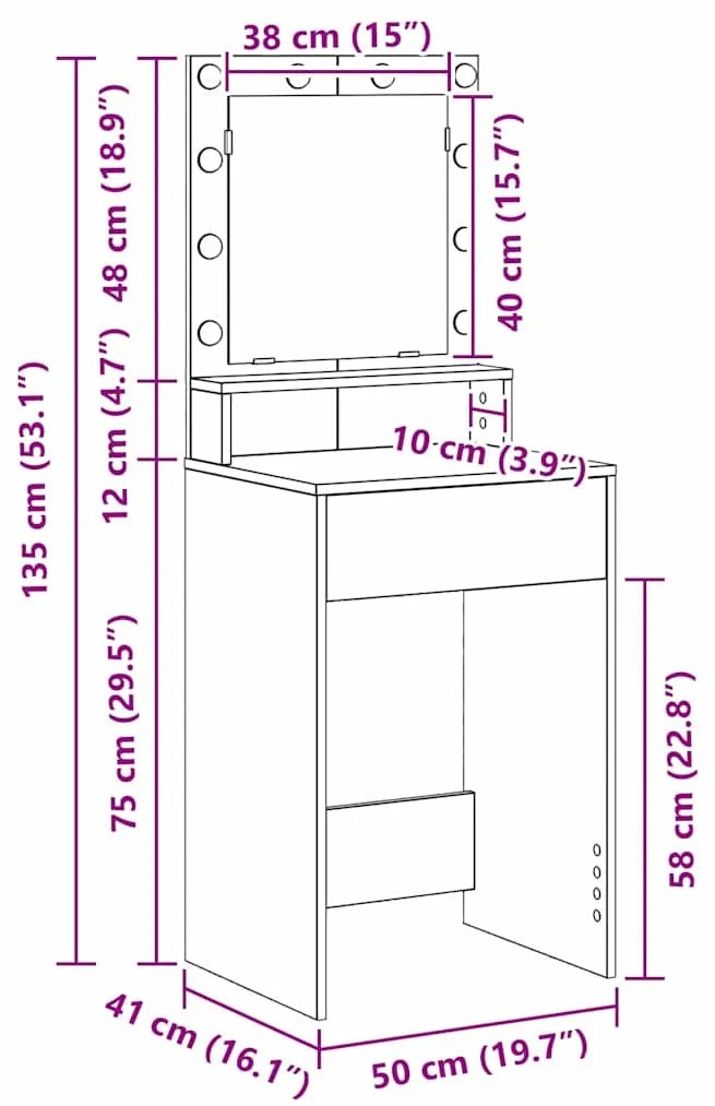 Mesa de Maquilhagem com Luzes LED em Cinzento Betão 50x41x135 cm