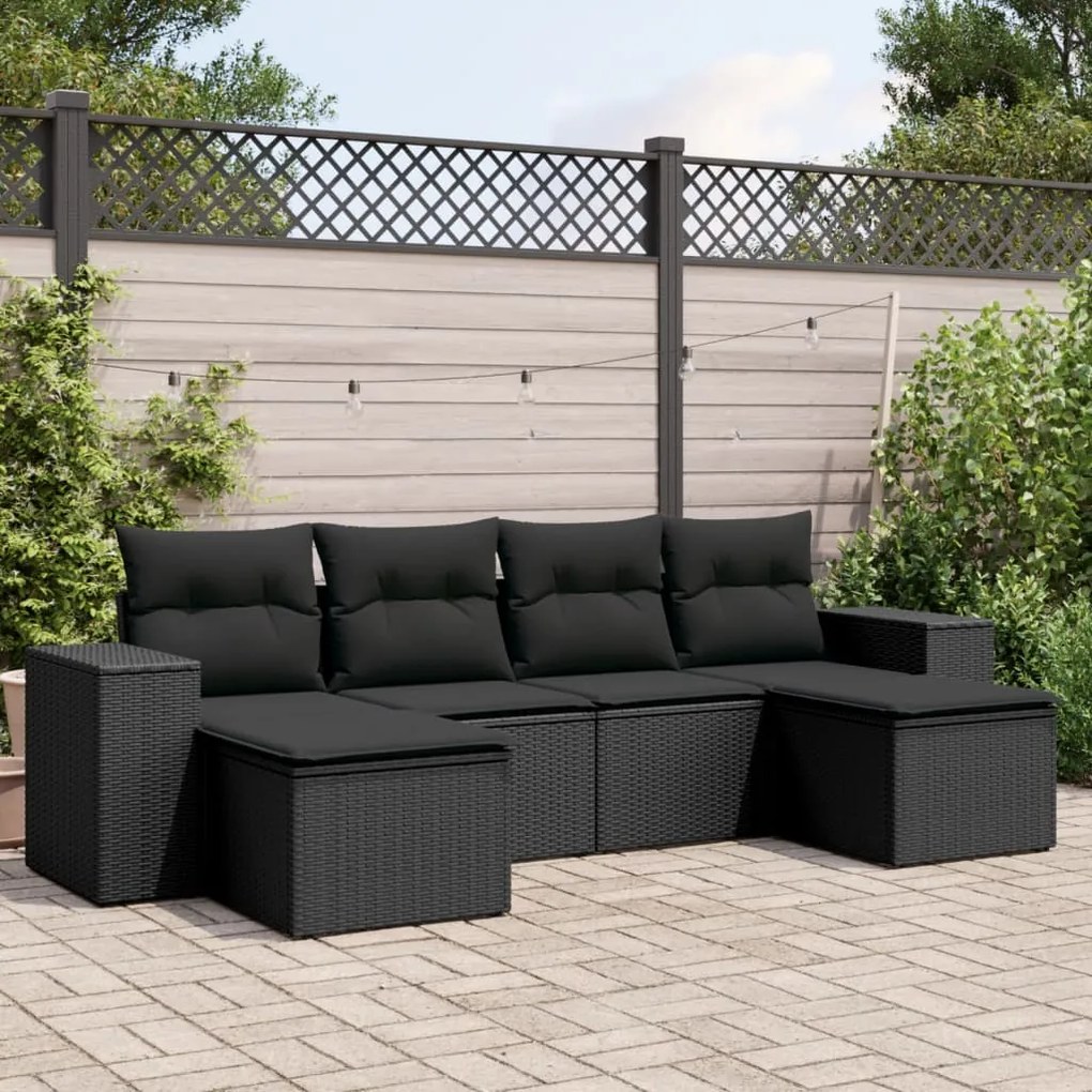 6 pcs conjunto sofás de jardim c/ almofadões vime PE preto