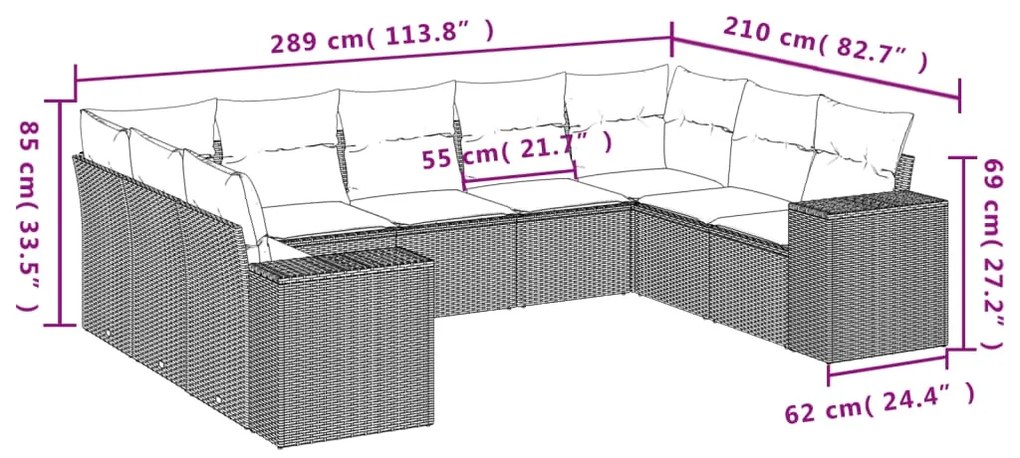 9 pcs conjunto de sofás p/ jardim c/ almofadões vime PE preto