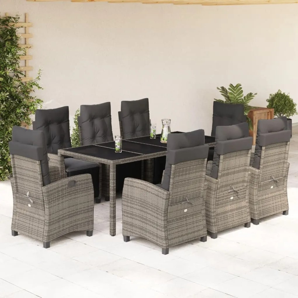 vidaXL 9 pcs conjunto de jantar p/ jardim c/ almofadões vime PE cinza