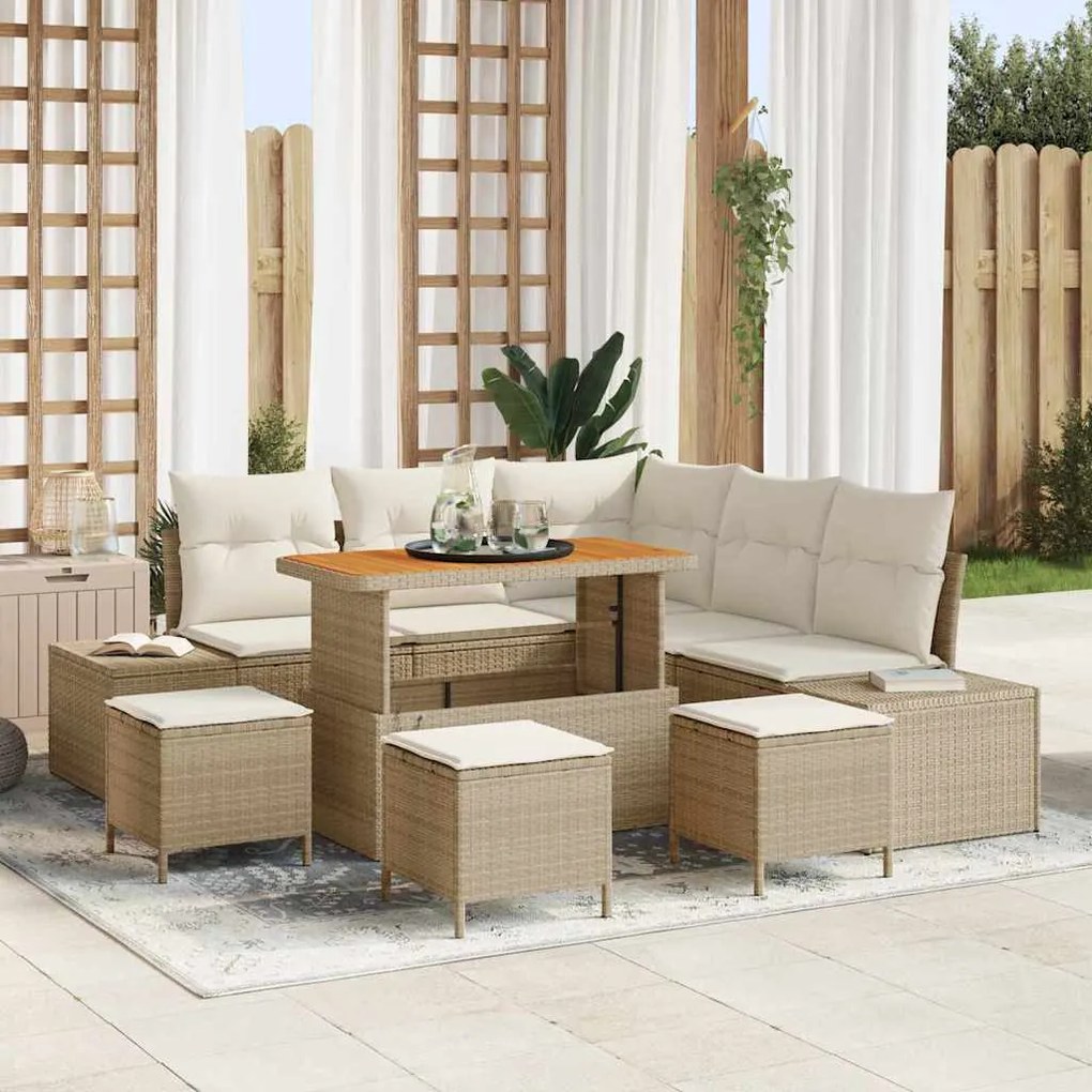 vidaXL Conjunto de sofá de jardim de 9 peças com almofadas bege em rattan sintético e acácia