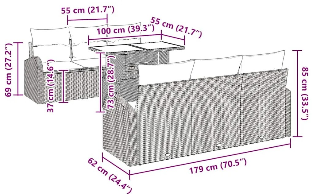 Conjunto de Sofá de Jardim com 7 Peças e Almofadas - Cinzas em Rattan