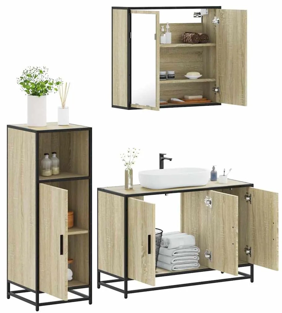 vidaXL 3 pcs conj. móveis casa banho derivados madeira carvalho sonoma