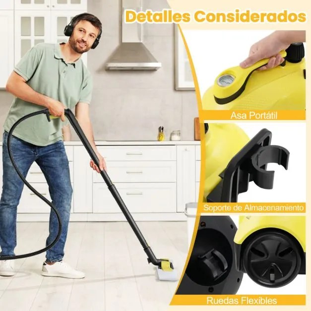 Máquina de limpeza a vapor portátil 2000W com tanque 1,8L de alta pressão 5 bar Máquina de limpeza de carpetes para uso doméstico Amarelo
