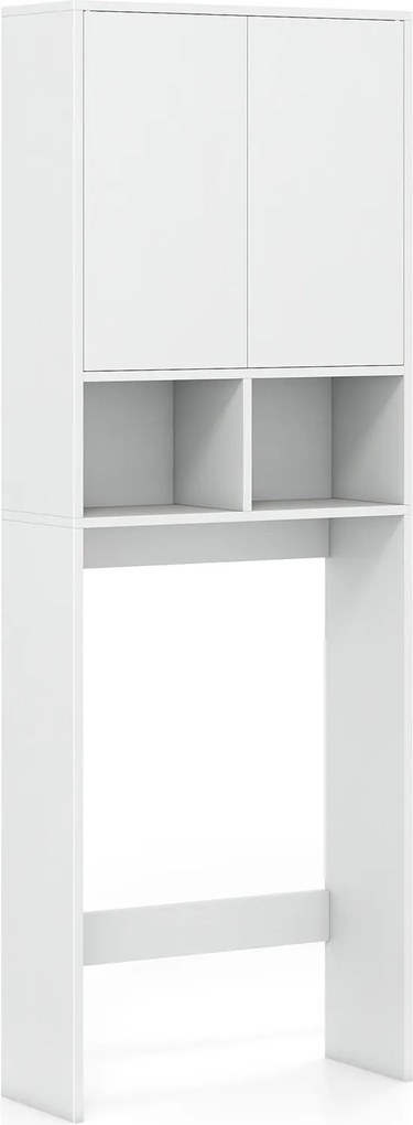 Armário para sanita com portas 60 x 23 x 166 cm, 2 compartimentos abertos e estante ajustável, economizador de espaço para a lavandaria, branco