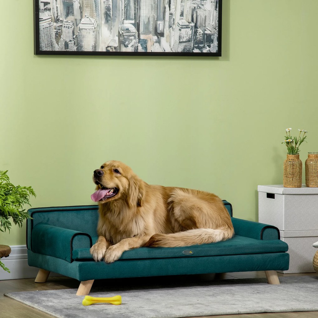 Sofá para cães e gatos, almofada macia removível e pés em madeira maciça, 100 x 62 x 32 cm, azul