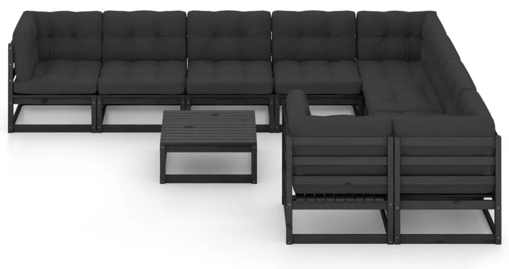 10 pcs conjunto lounge jardim c/ almofadões pinho maciço preto
