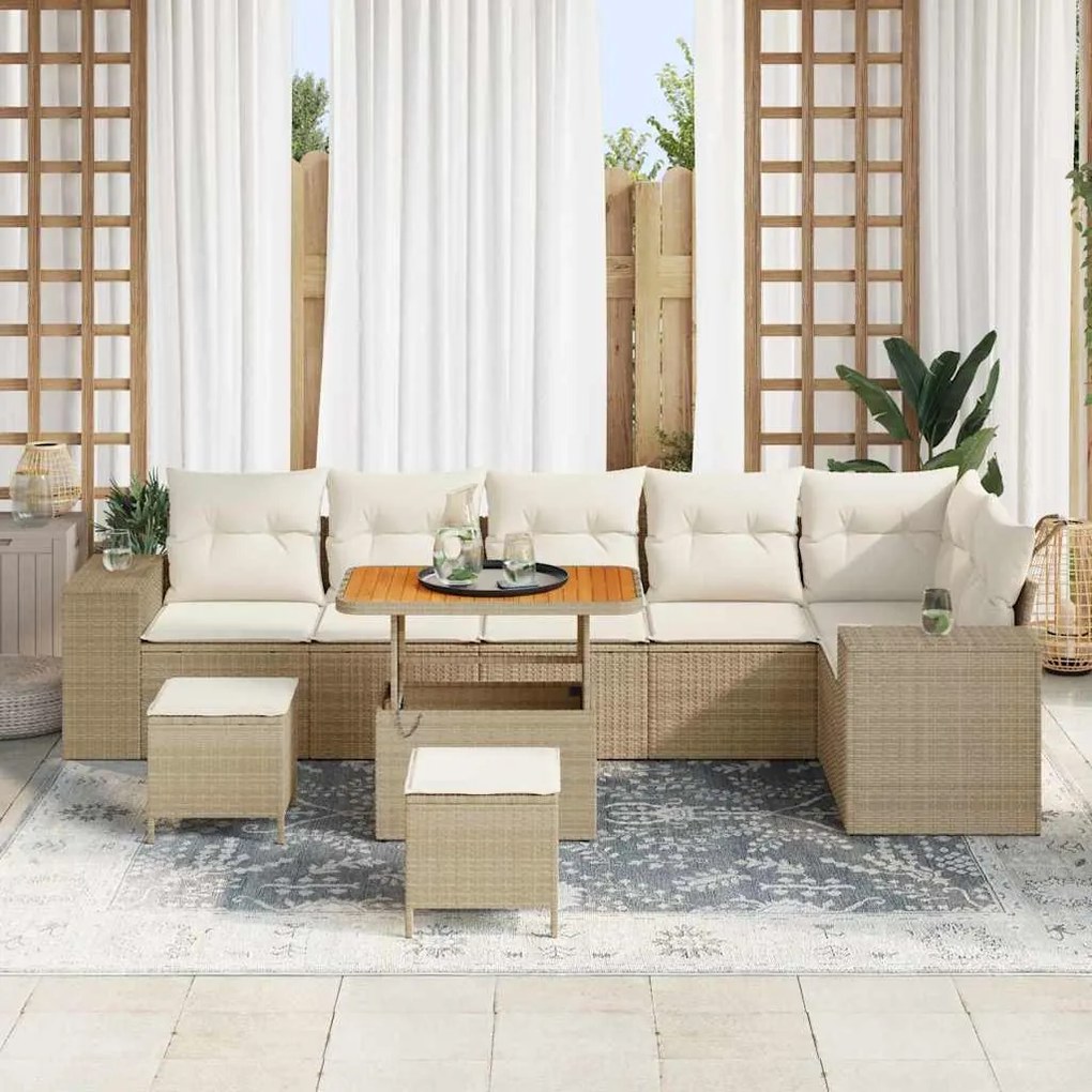 Conjunto de Sofá para Jardim de 9 Peças com Almofadas Bege Rattan Poli